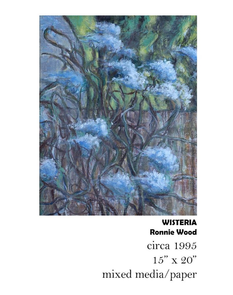 Wisteria artwork with blue flowers and vines.