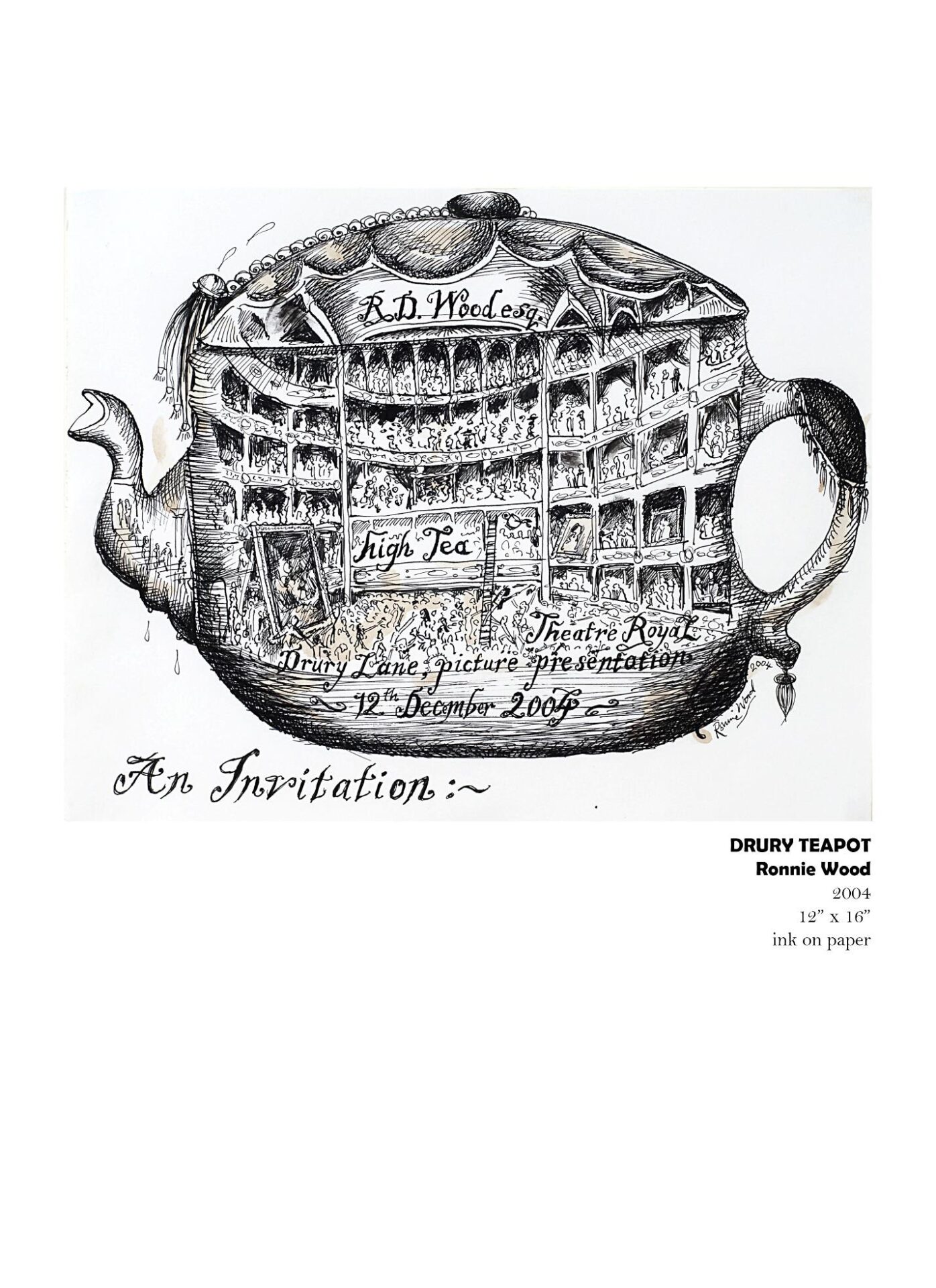 Illustrated teapot with theater interior design.