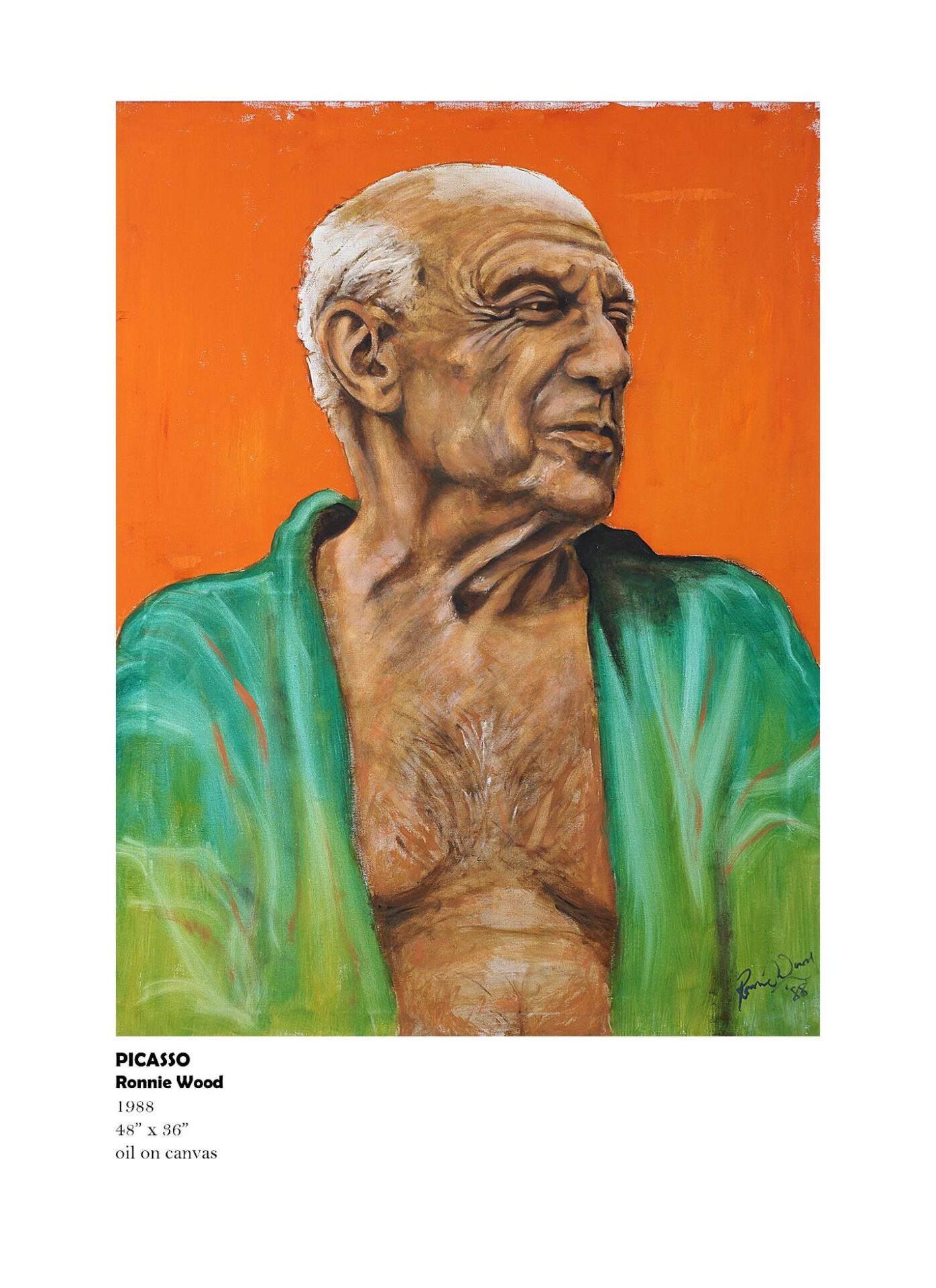 Elderly man in green robe painting.