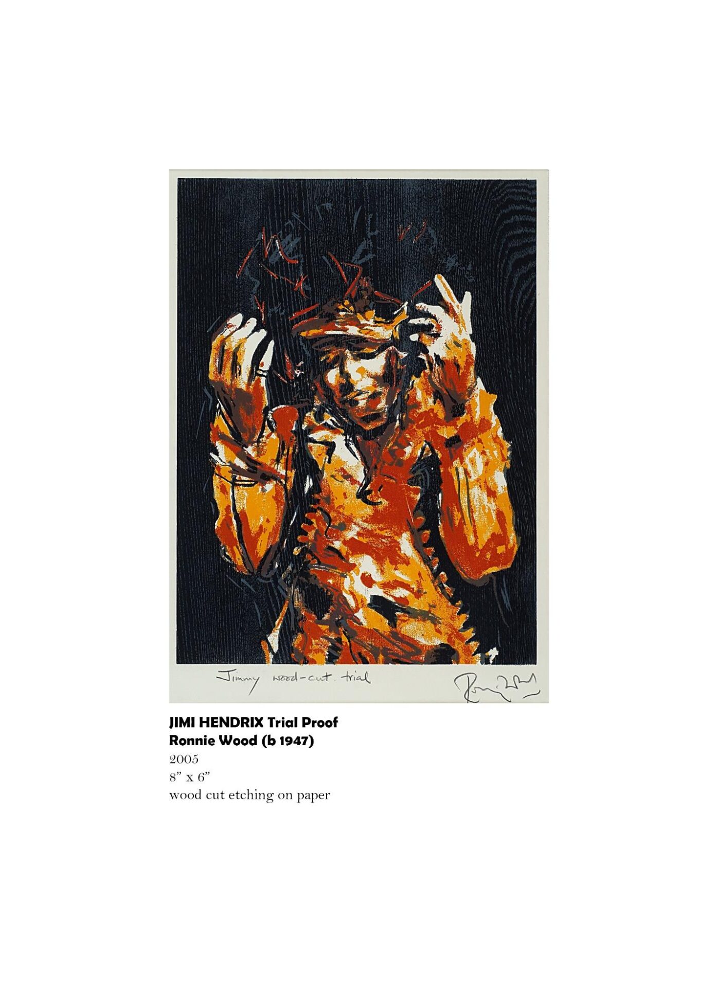 Musician in vibrant orange and black artwork.