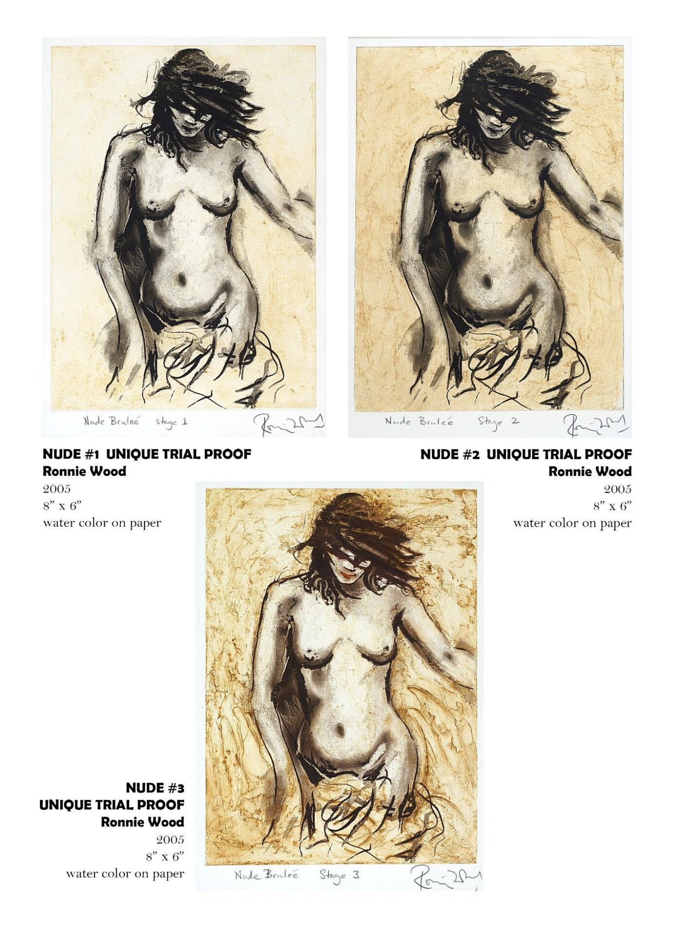 Three artistic nude watercolor proofs displayed.