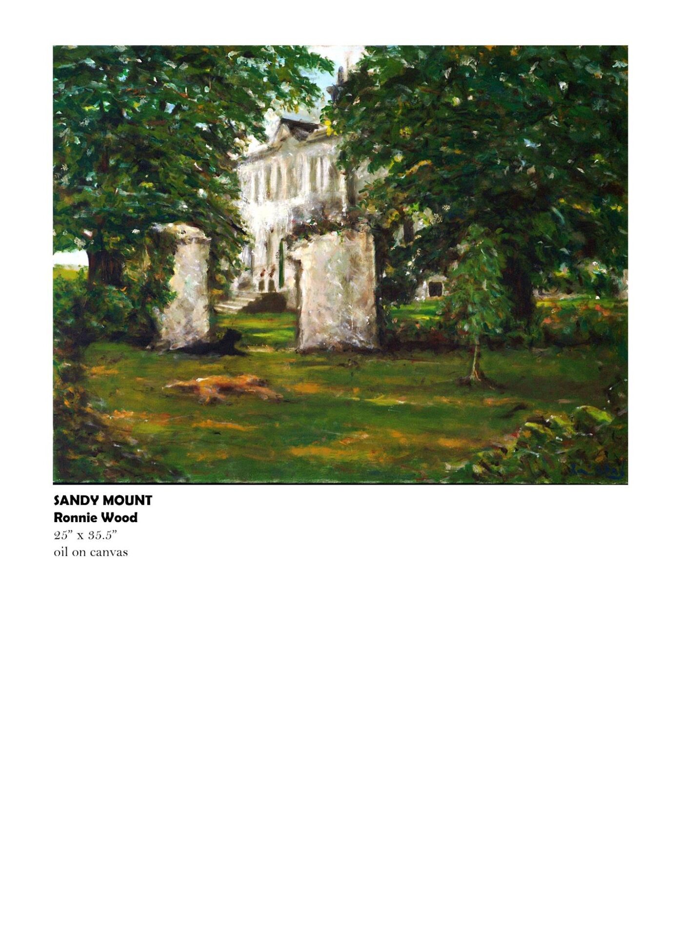 Painting of house surrounded by greenery.