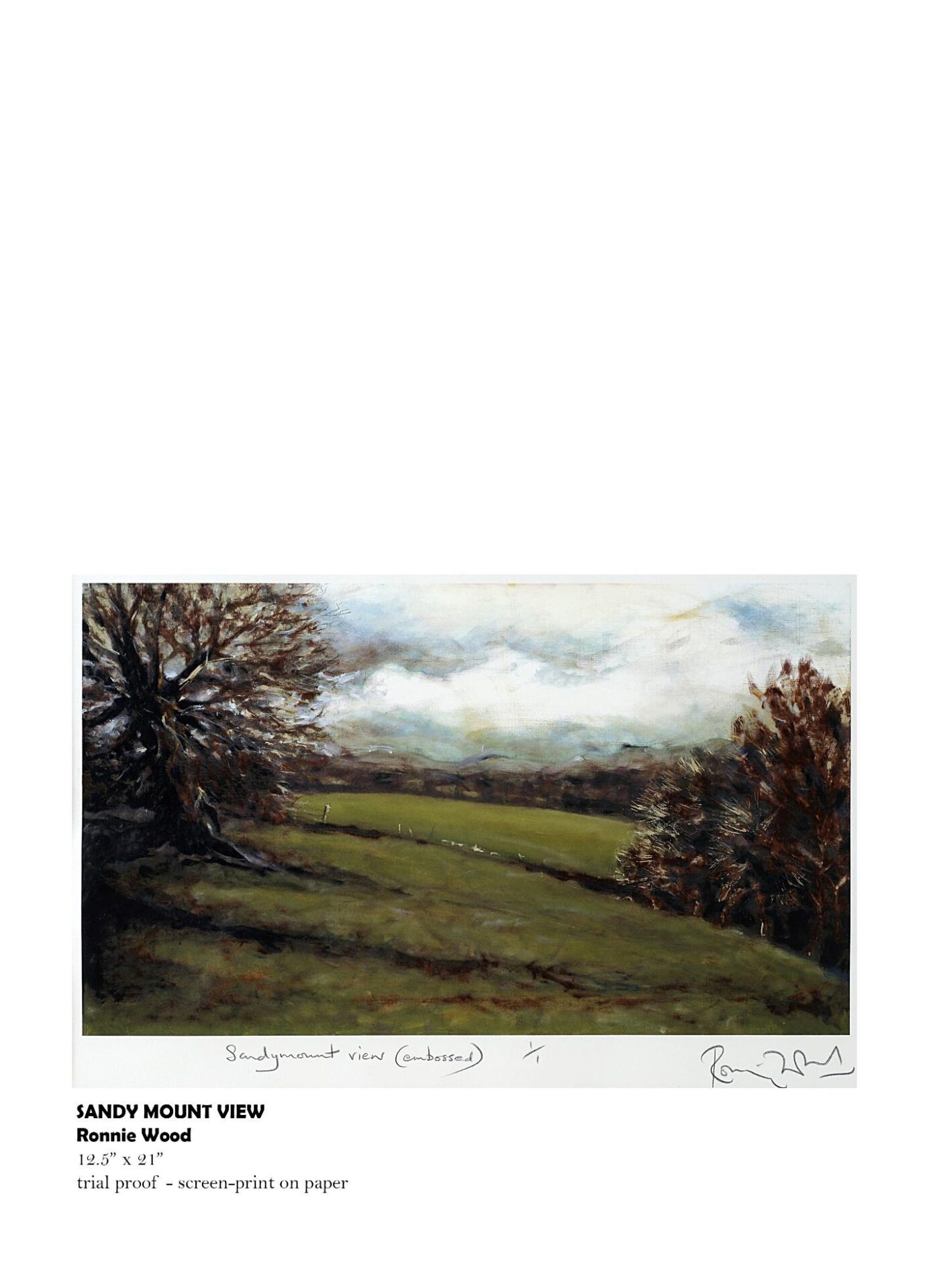 Landscape painting with trees and rolling hills.