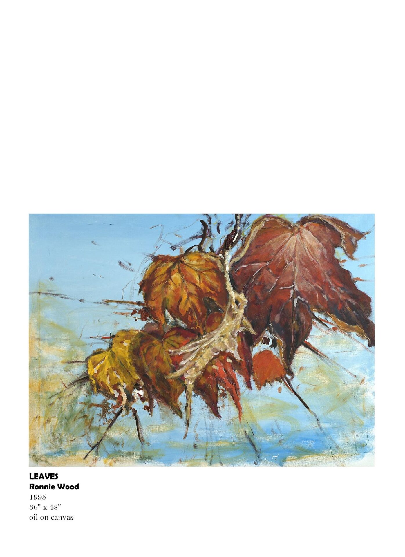 Painting of colorful leaves against blue background.