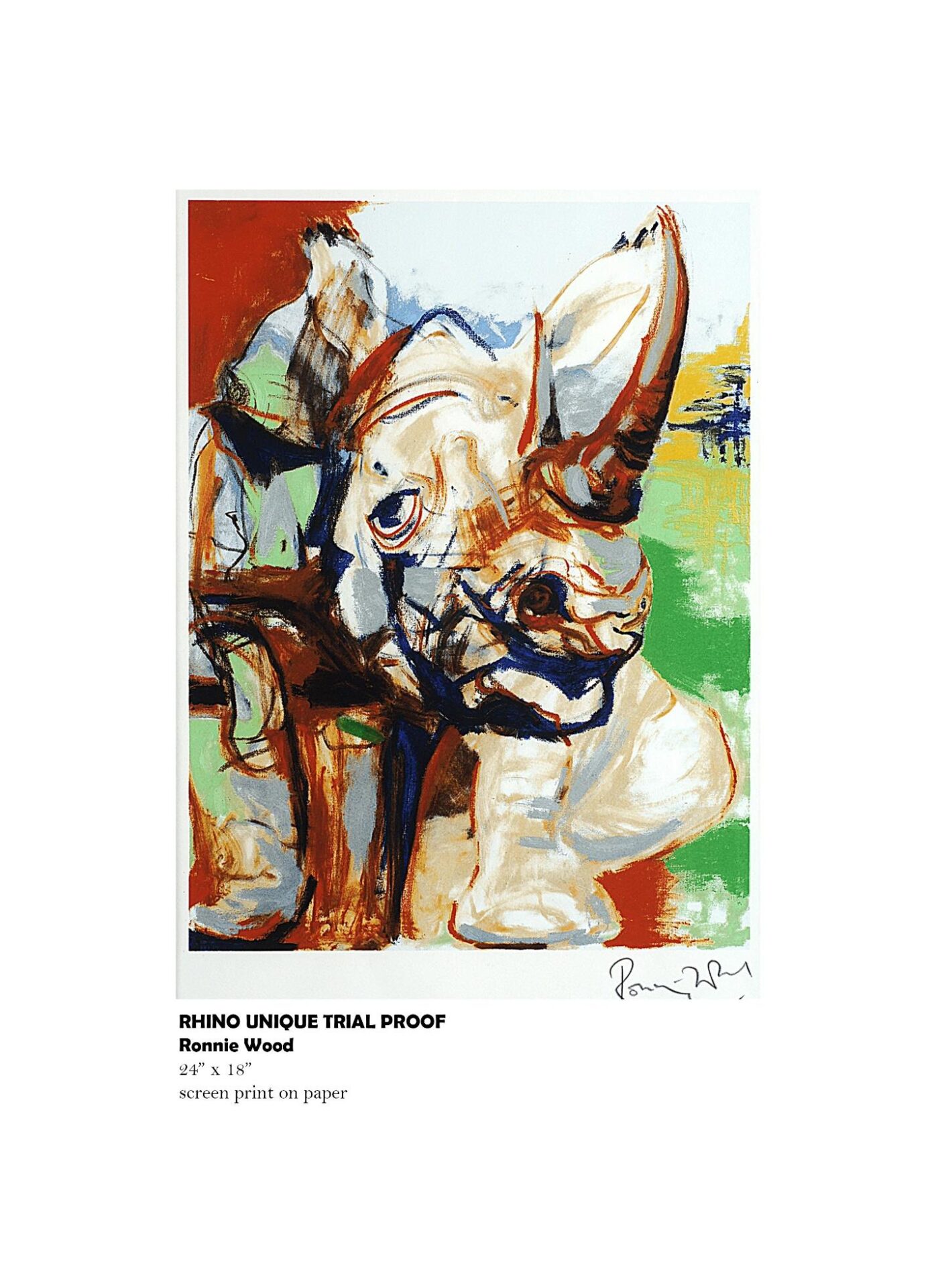 Colorful abstract rhino artwork by Ronnie Wood.