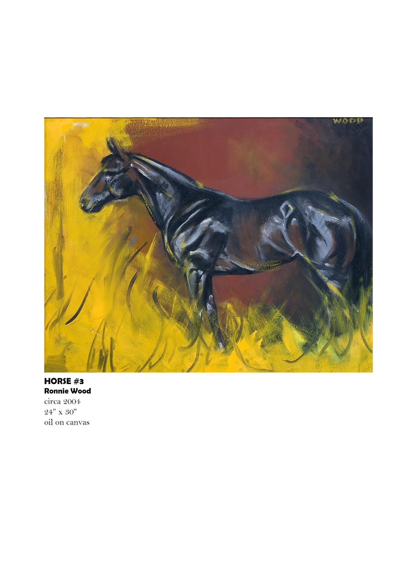 Black horse painting with yellow background.