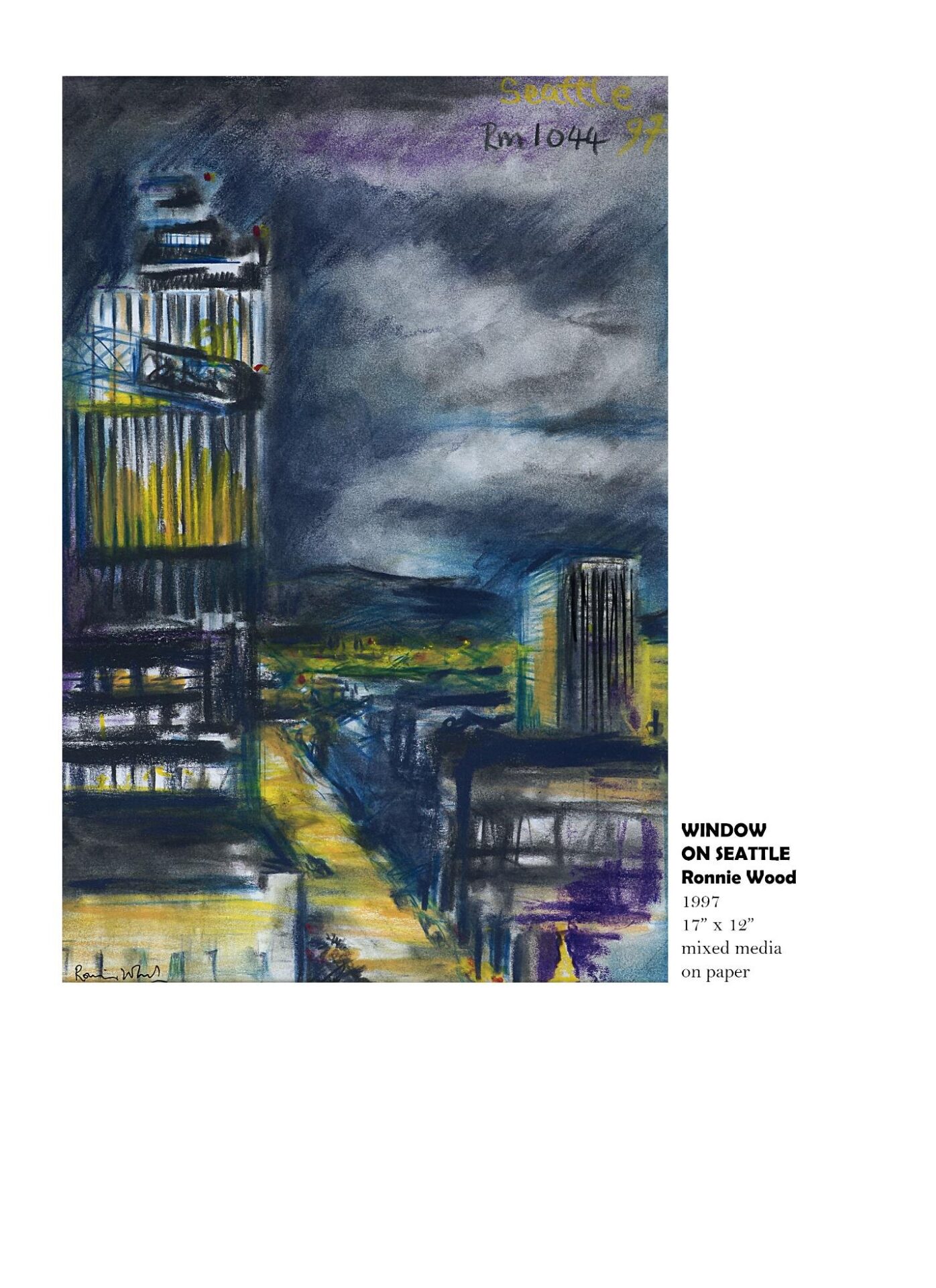Cityscape painting with dark, cloudy sky.