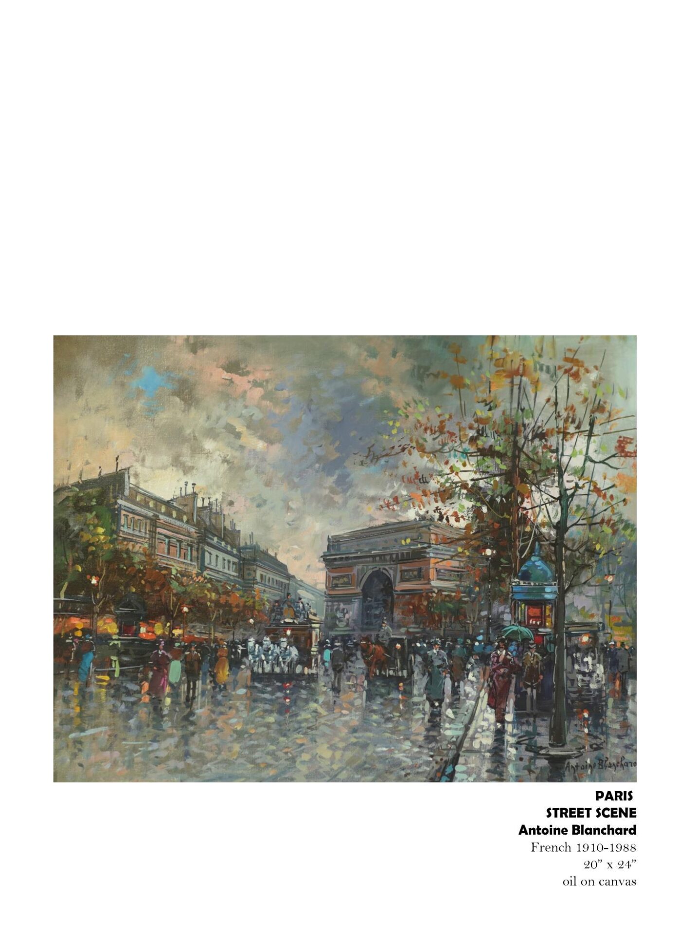 Paris street scene painting with Arc de Triomphe.