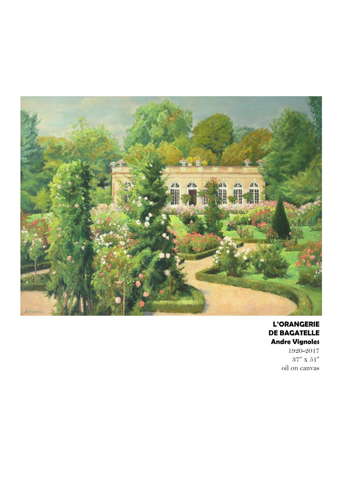 Garden landscape painting with a historic building.