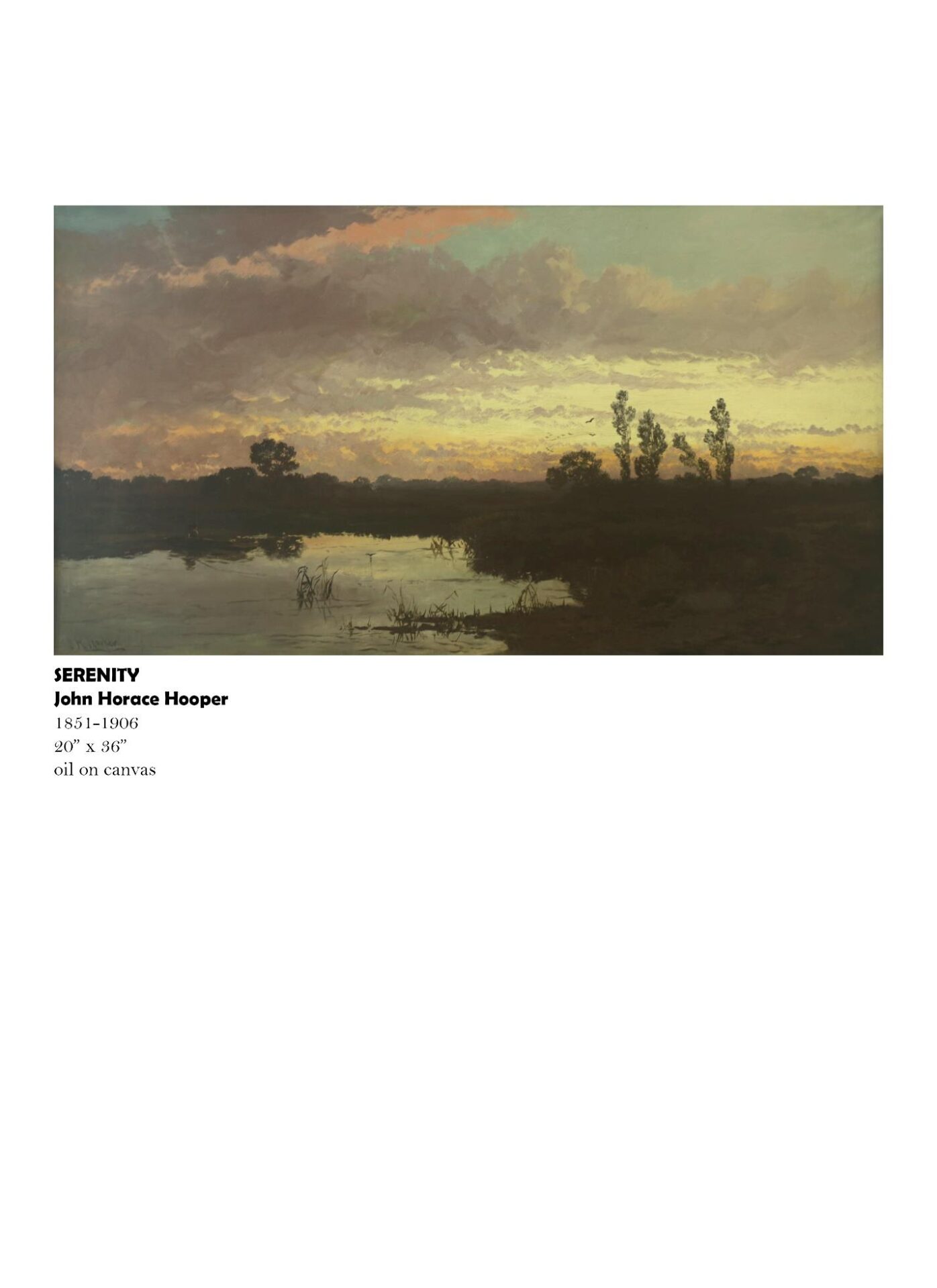 Landscape painting with calm water and trees.