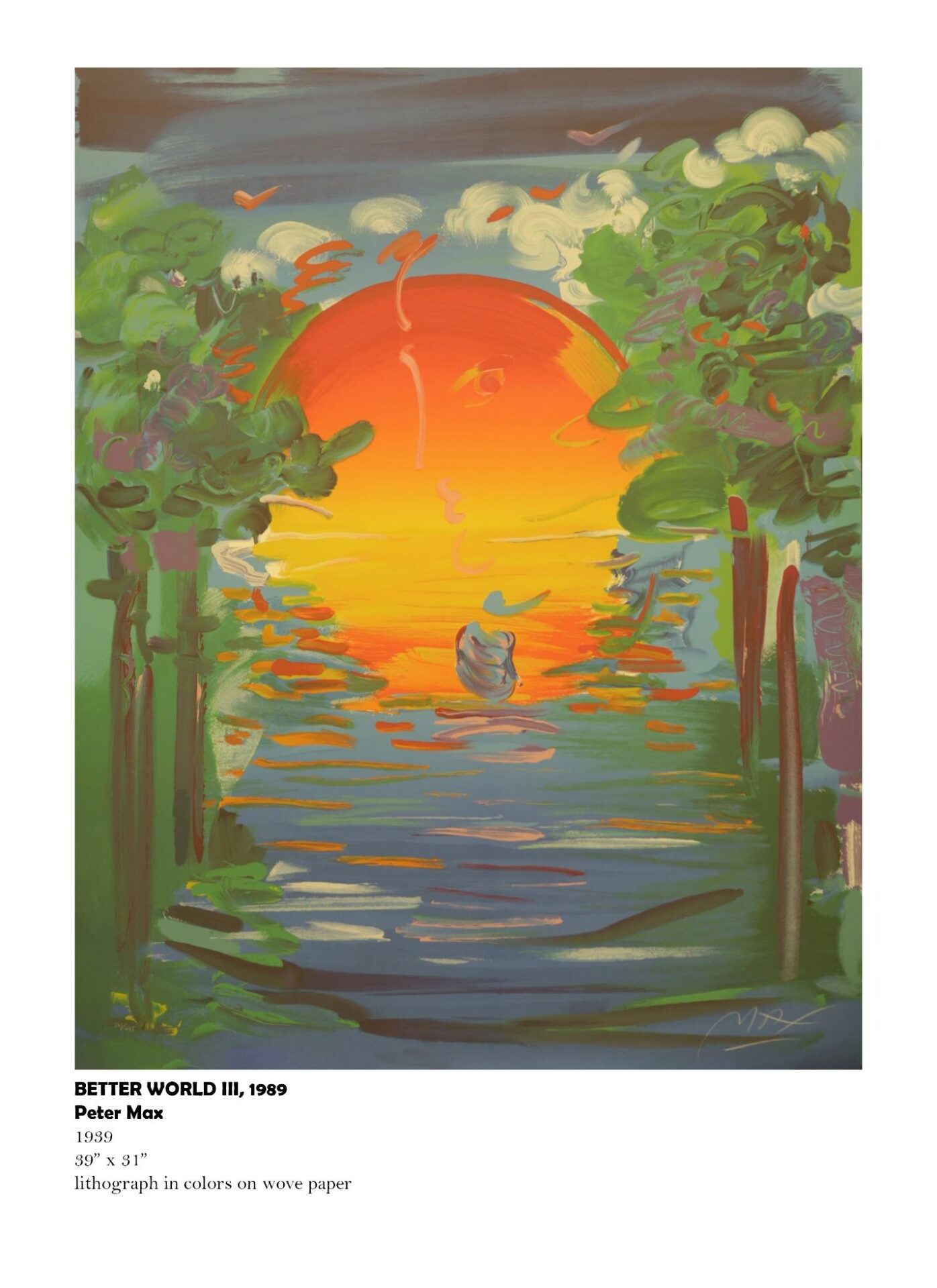 Colorful sunset over water with trees.