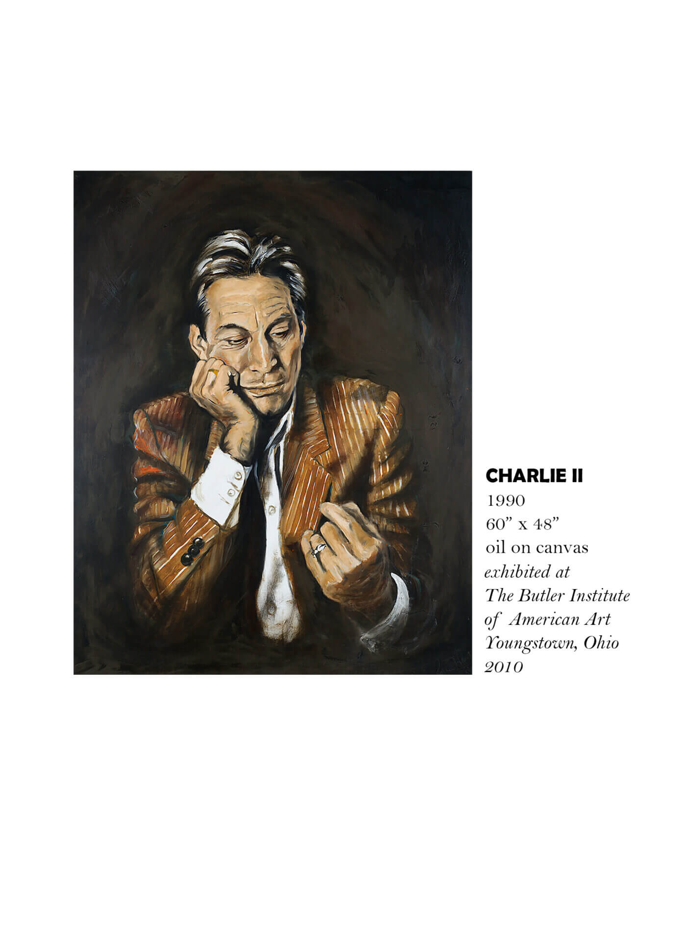 Man in suit painting, contemplative expression.